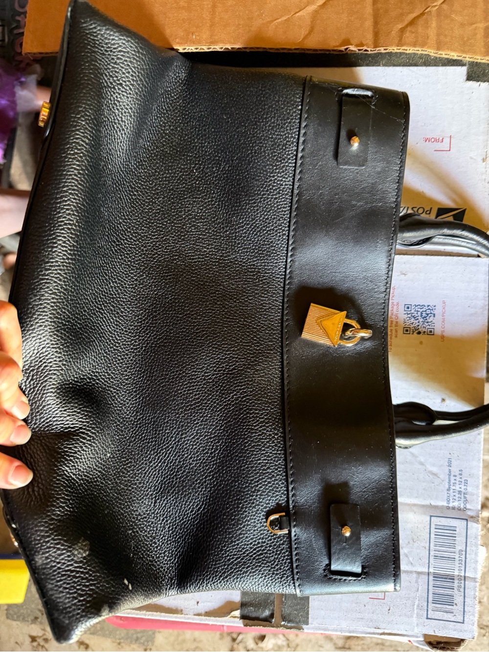 Black Leather Tote Bag with Gold Accent